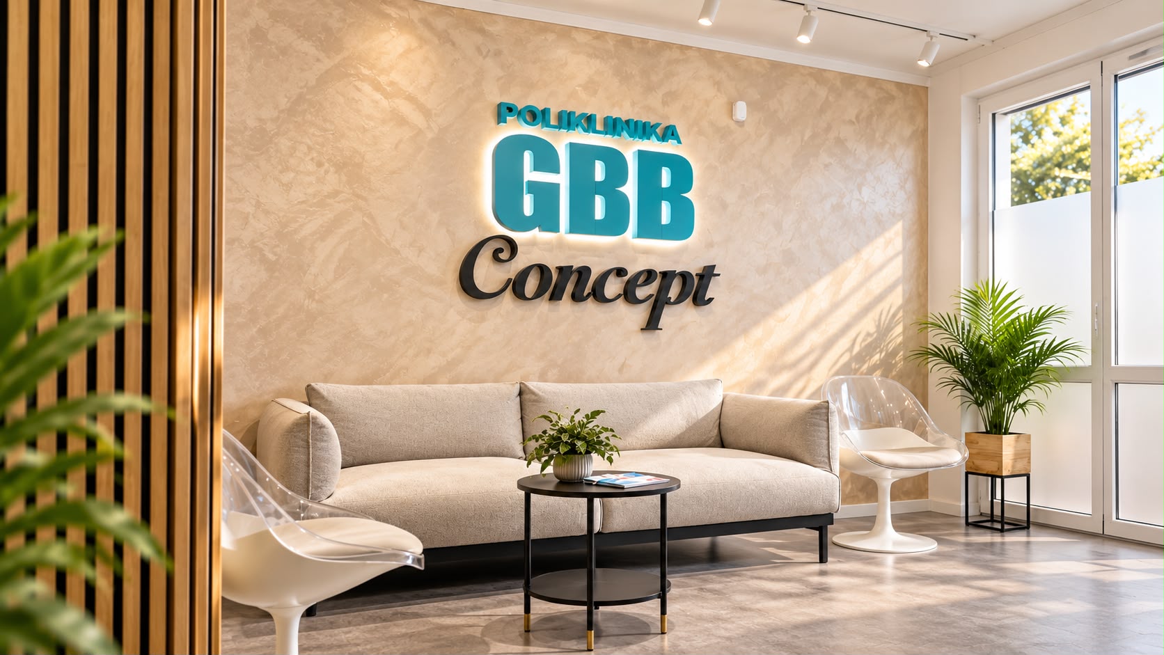 Čekaonica Poliklinike GBB Concept s logotipom na zidu
